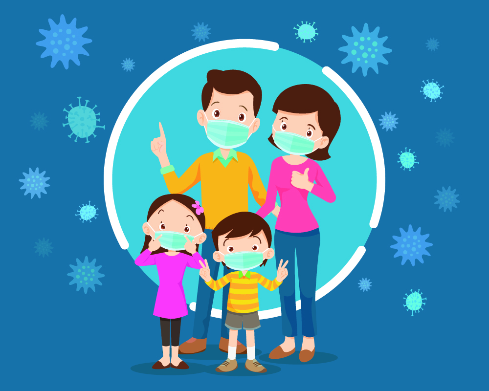 family wearing protective Medical mask for prevent virus. Dad Mom